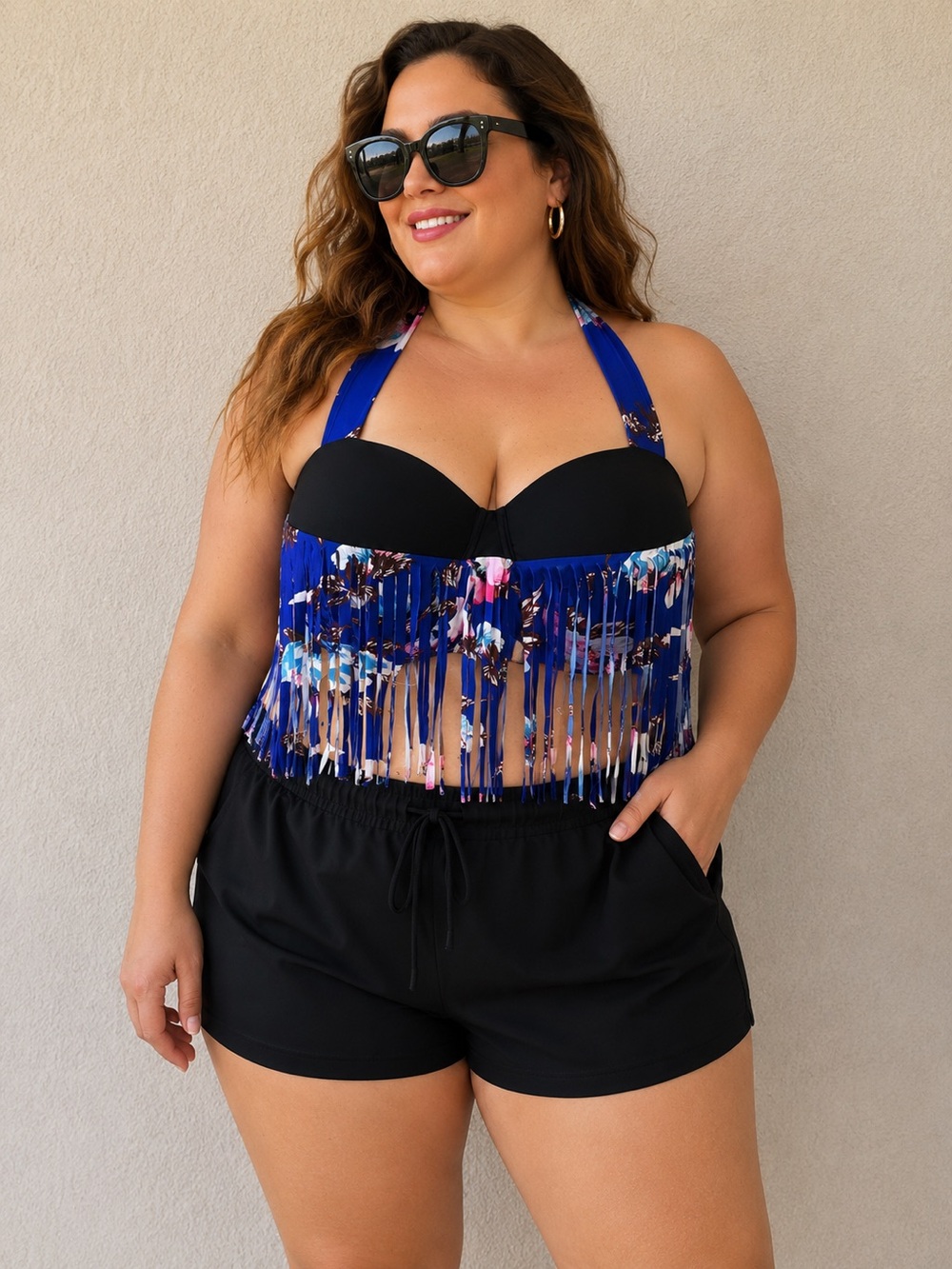 PZZ Beach Bikini Top Royal Blue Floral Padded Underwire  Halter Top Plus Sz 6XL